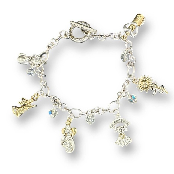 Angel Charm Bracelet Two-Tone 7.5” Toggle Clasp Silver Plated - Picture 1 of 5